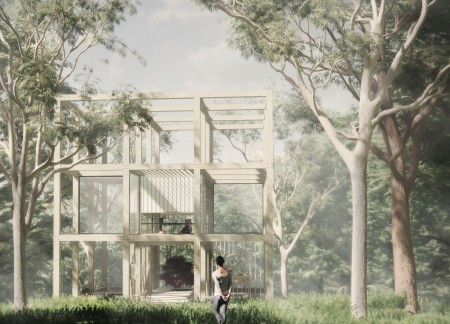 Charred Wooden Structure Elevated In Harmony With Nature For Contemplative Experience