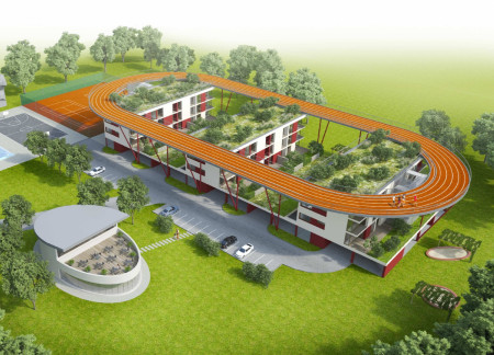Elevated Running Track Surrounded by Green Roofs and Reinforced Concrete Living Spaces