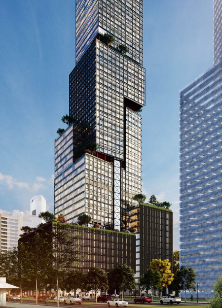 Perforated Aluminum Façade and Vertical Green Terraces in a Multi-Functional Urban Structure