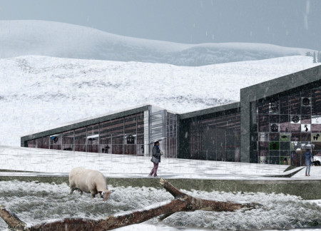 Sustainable Community House Featuring Translucent Shipping Container Facades and Local Stone Cladding