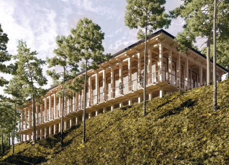 Charred Wooden Shingles and Cross-Laminated Timber Form an Elevated Wellness Pavilion in a Pine Forest