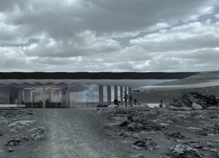 Reflective Glass and Overhanging Roof Complementing Timbers Amidst Volcanic Landscapes for a Scenic Coffee Experience