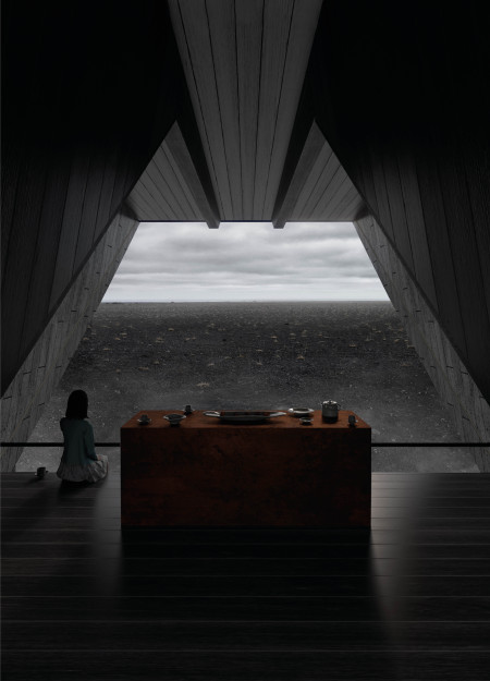 Visitor center designed with coated pine wood and modular walkways nestled in Iceland's rugged landscape