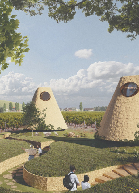 Conical Roofs of Local Stone and Lime Plaster Integrating Sustainable Water Treatment in Guest Homes