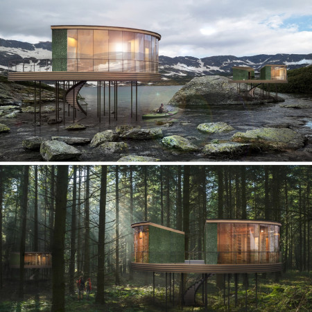 Sculpted Green Walls and Steel Framework Harmonize With Mountainous Landscapes in Eco-Friendly Living Units