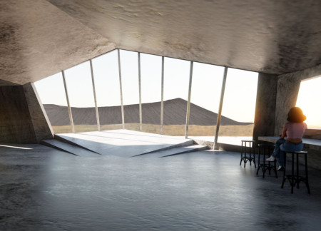 Turf-Covered Structure Framing Volcanic Views with Concrete and Glass Integration  