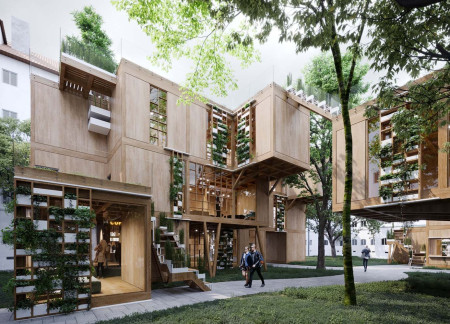 Stepped Courtyards Enhanced by Cross-Laminated Timber Panels and Charred Wood Shingles for Community Living
