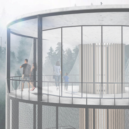 Spiral Observation Tower Featuring Metal Mesh and Natural Wood Integration in a Scenic Landscape