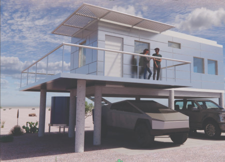 Reflective Aluminum Facade and Elevated Concrete Structure for Sustainable Desert Living