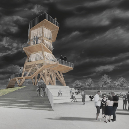 Charred Wooden Shingles and Elevated Terraces in a Timber Pavilion for Community Engagement  