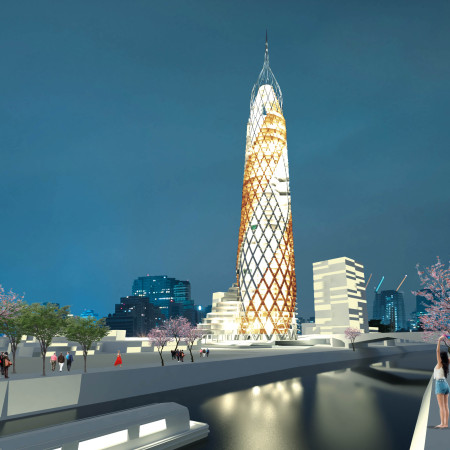 Twisting Glass Facade Crafted with Biophilic Wood Elements Shaping a Modern Urban Landmark
