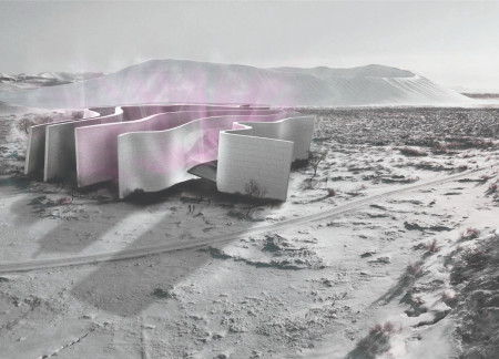 Curvilinear Structure Utilizing Concrete and Glass for an Engaging Cinematic Pavilion in Iceland