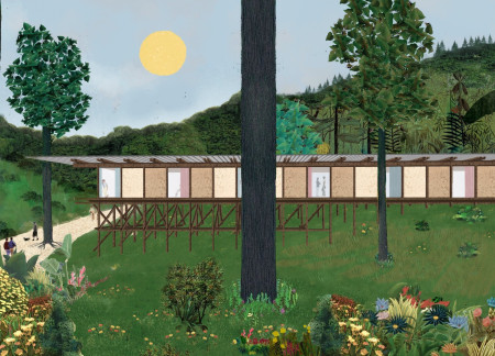 Elevated Yoga Retreat with Panoramic Glass and Sustainable Cork Cladding