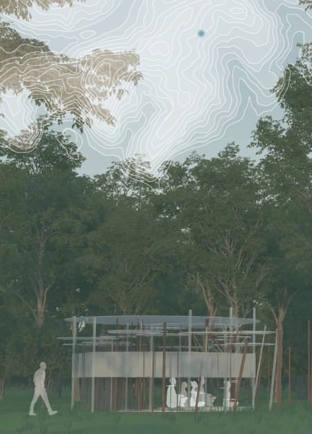 Cylindrical Structure of Steel and Kauri Wood Nestled in a Tranquil Forest Setting