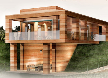 Rammed Earth Structure With Panoramic Views and Timber Accents for Interactive Wine Tasting Experience  