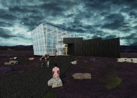 Film Pavilion and Restaurant Combining Volcanic Rock and Bio-Glass for an Immersive Nature Experience
