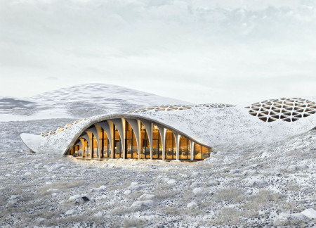 Hexagonal Glazing and Local Stone Enhance Biophilic Dining Experience in Volcanic Landscape