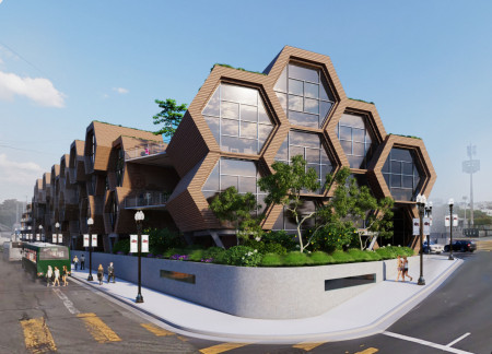 Hexagonal Living Spaces Crafted with Locally Sourced Redwood and Sustainable Design Principles