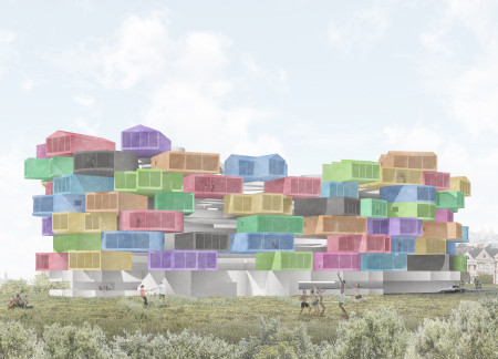 Colored Glass Panels and Green Roof Integration in Modular Urban Living Spaces