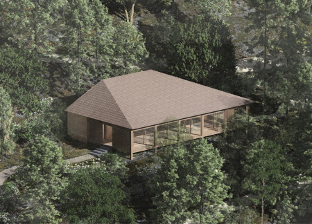 Rammed Earth Corridor Connecting a Tranquil Yoga Room with Forest Views  