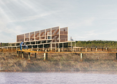 Timber Louvers Forming a Double Spiral Access Pathway Through Natural Landscapes  