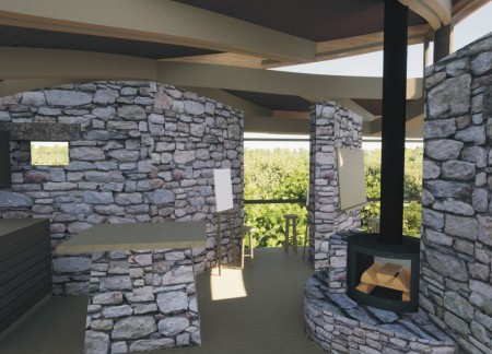 Curvilinear Form Crafted with Natural Stone and Charred Wood in Harmonized Landscape Integration