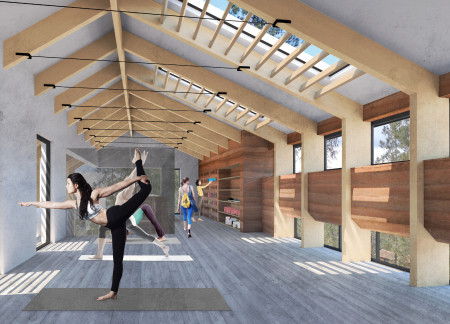 Bamboo Walkway Connecting Rammed Earth Spaces in a Tranquil Zen Environment