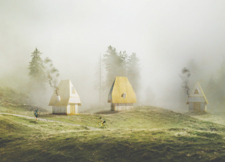 Charred Wooden Shingles and Prefabricated Timber Structures Enhancing Cycling Rest Stops  

