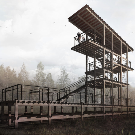Cantilevered Viewing Platform With Weathered Steel and Exposed Wood in Wetland Setting