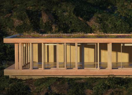 Yoga Retreat with Green Roof and Wooden Pillars on a Cliff