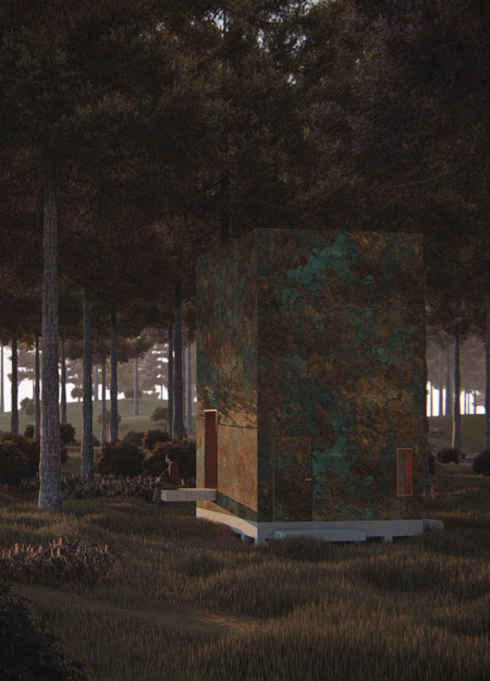 Patinated Copper Cabins Embracing Earth Bricks in a Forest Setting  