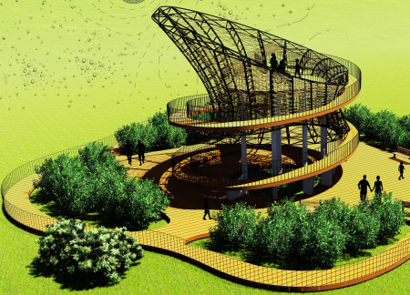 Rope-Weaved Structure Overlooking Wetlands with Precast Concrete Foundations  