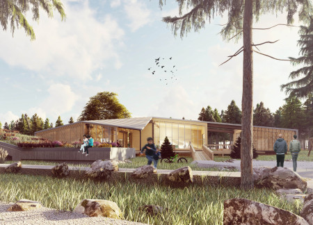 Living Roof Integration with Untreated Pine in Nature Education Center  