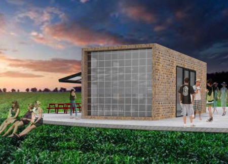 Framing Views With Brick and Retractable Screens in a Scenic Wine Tasting Room