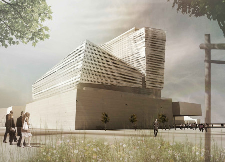 Public Rooftop Access with Textile Patterns and Glass Facade for an Exhibition Venue