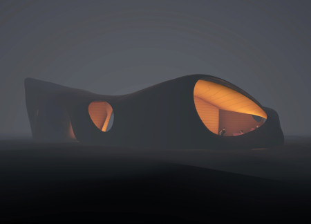 3D-Printed Concrete Pavilion with Flexible MDF Caves for Community Storytelling