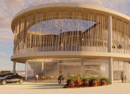 Panoramic Walkway with Adobe and Greenery in a Wetland Visitor Center  