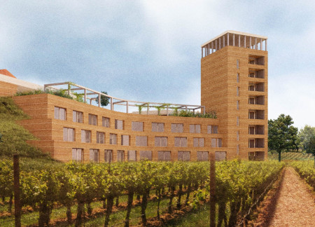 Rammed Earth Walls and Wooden Pillars Harmonize with Vineyard Views  