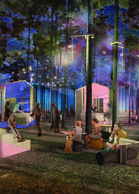 Sustainable Bamboo Structures Enveloped in Colorful Glass for Interactive Community Gathering