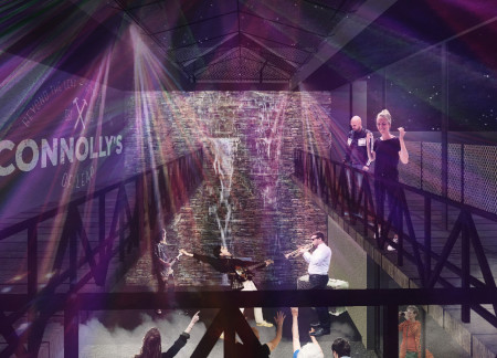 Waterfall Stage and Mezzanine Blend in Community-Centered Pub Design
