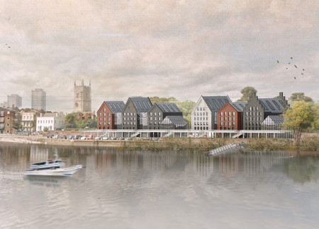 Elevated Community Living With Charred Wooden Shingles and Ecological Waterway Integration