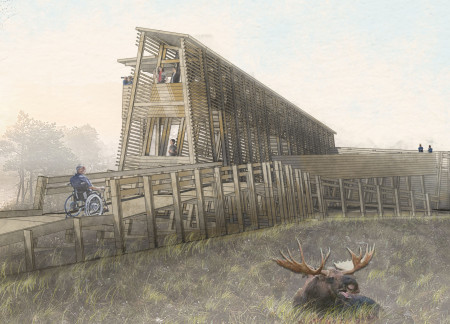 Triangular Observation Tower in Pine Surrounded by Natural Landscapes