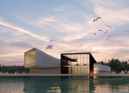 Serpentine Structure with Mechanized Screens Overlooking Wetlands  
