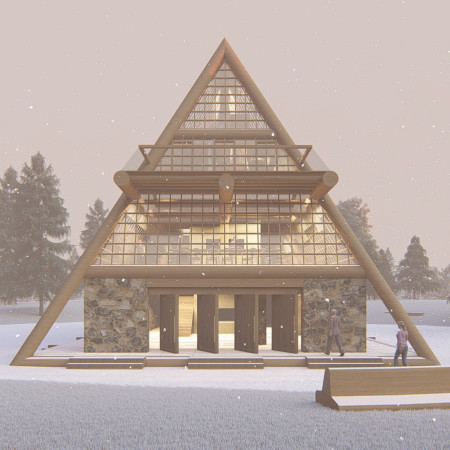 Triangular Roof and Central Fireplace in a Natural Retreat  