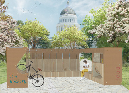 Layered Volumes of Locally Sourced Wood with Integrated Book Storage  