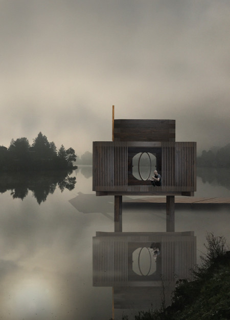 Movable Platform and Bronze Accents in a Raised Mindfulness Retreat  