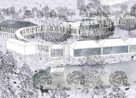 Swimming Pool with Perforated Walls Surrounded by Oak Canopy and Elevated Micro-Shelters