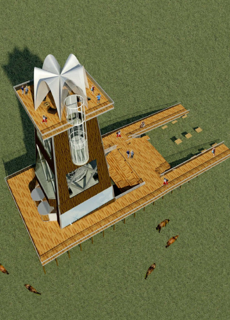 Glass-Floored Observation Tower with Wood Cladding and 360-Degree Views  
