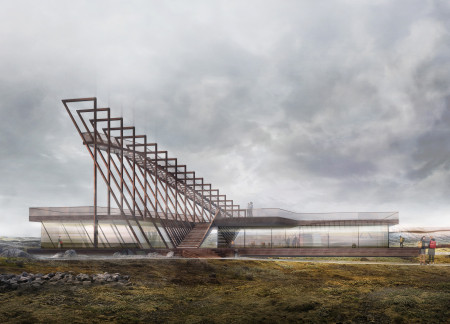 Mirrored Surfaces Reflecting Lava Formations in Icelandic Viewing Tower  