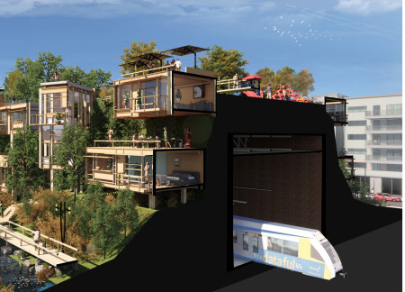 Green Carpet Integration with Modular Wooden Homes Above Train Tracks